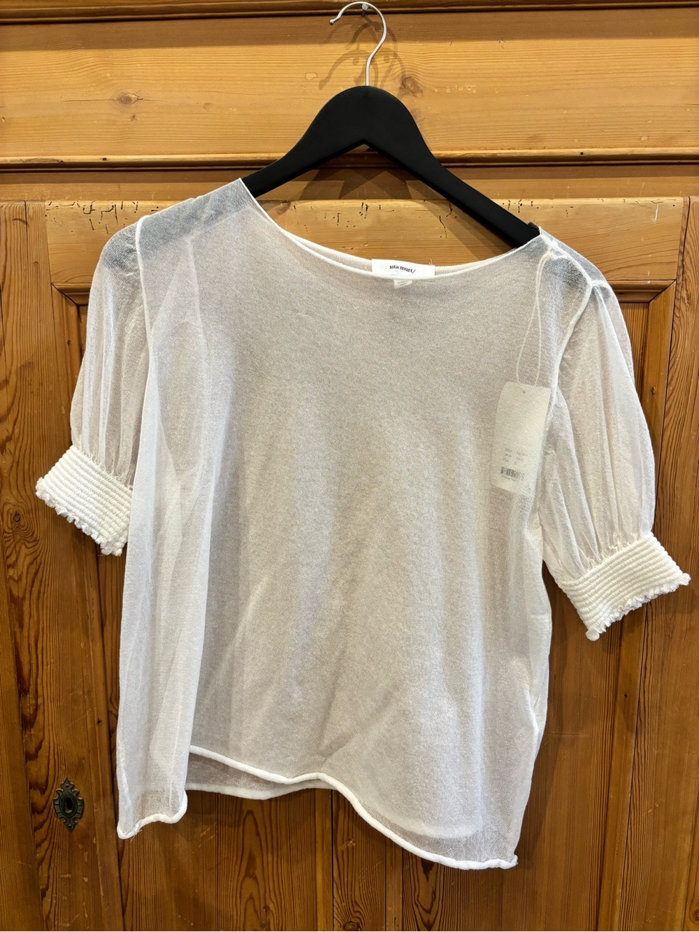 White Sheer Puff-Sleeve Blouse with Smocked Cuffs